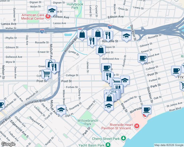 map of restaurants, bars, coffee shops, grocery stores, and more near 828 James Street in Jacksonville