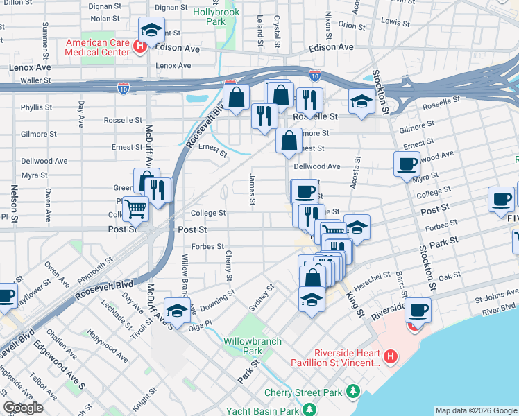 map of restaurants, bars, coffee shops, grocery stores, and more near 828 James Street in Jacksonville
