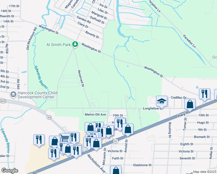 map of restaurants, bars, coffee shops, grocery stores, and more near 10092 McLaurin Street in Bay Saint Louis