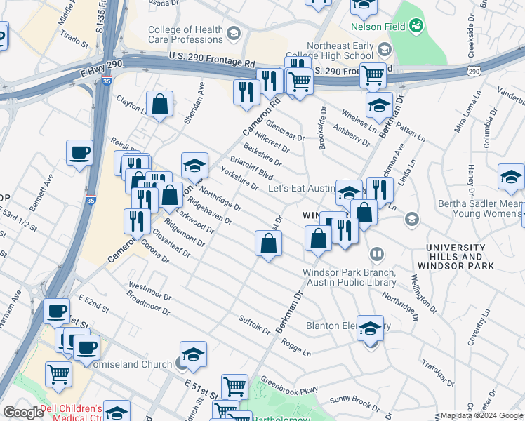 map of restaurants, bars, coffee shops, grocery stores, and more near 1406 Braes Ridge Drive in Austin