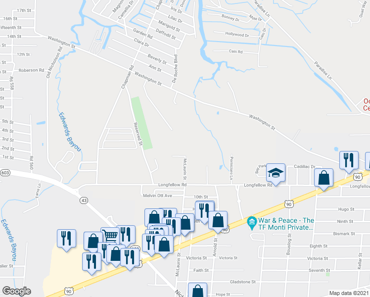map of restaurants, bars, coffee shops, grocery stores, and more near 10092 McLaurin Street in Bay St. Louis