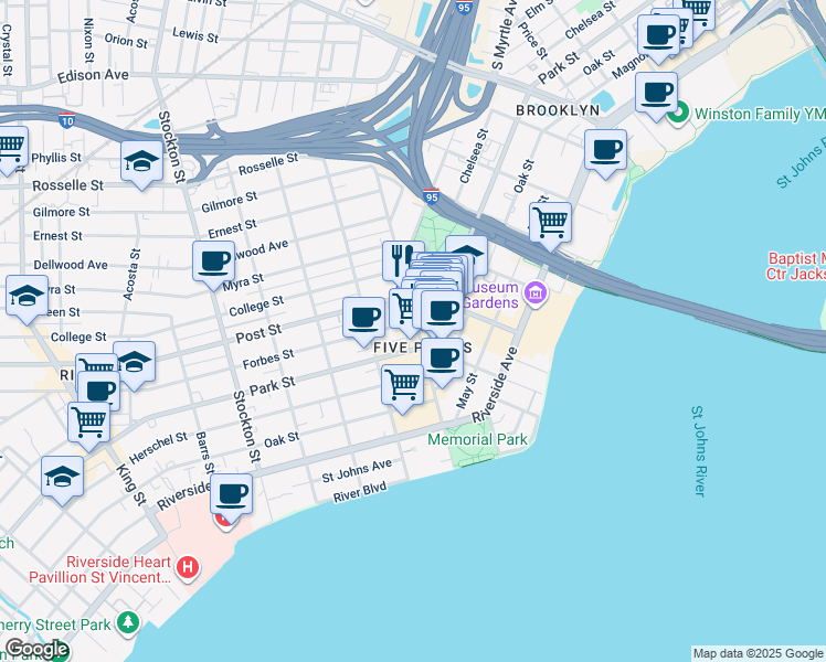 map of restaurants, bars, coffee shops, grocery stores, and more near 1018 Park Street in Jacksonville