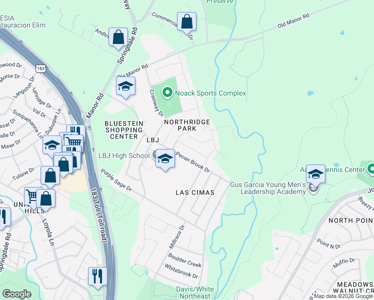 map of restaurants, bars, coffee shops, grocery stores, and more near 5404 Burgundy Drive in Austin