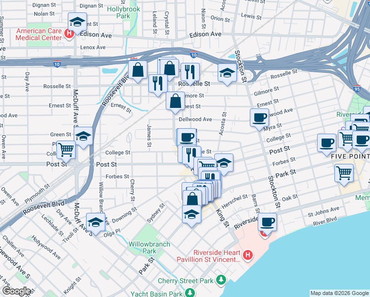 map of restaurants, bars, coffee shops, grocery stores, and more near 2696 Green Street in Jacksonville