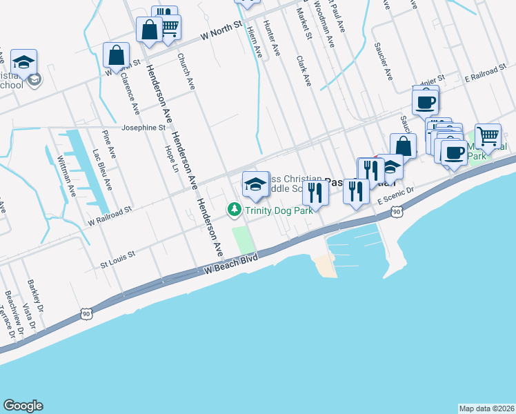 map of restaurants, bars, coffee shops, grocery stores, and more near 270 West Second Street in Pass Christian