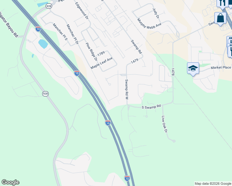 map of restaurants, bars, coffee shops, grocery stores, and more near 17076 Acadia Way Avenue in Prairieville