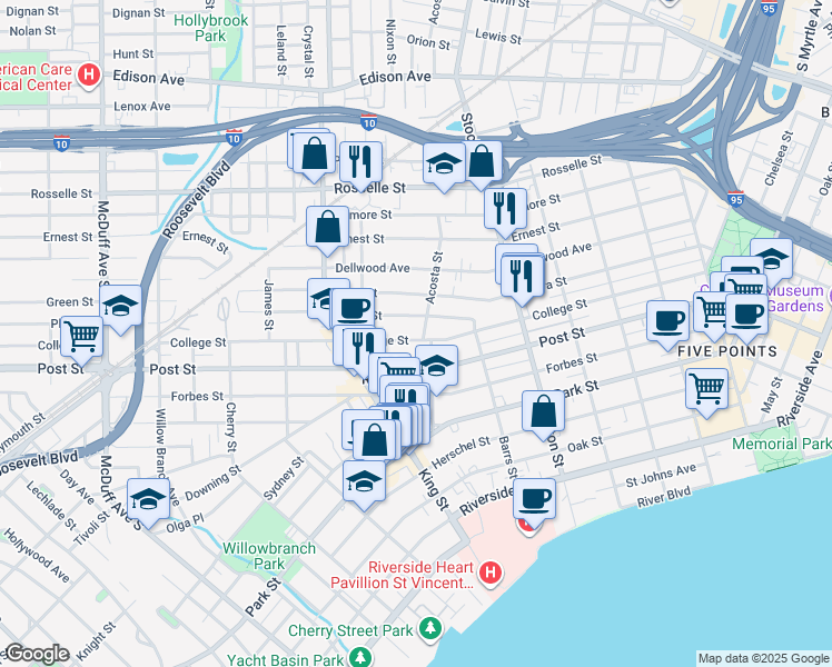 map of restaurants, bars, coffee shops, grocery stores, and more near 828 Acosta Street in Jacksonville