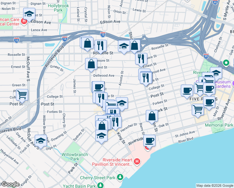 map of restaurants, bars, coffee shops, grocery stores, and more near 2619 College Street in Jacksonville