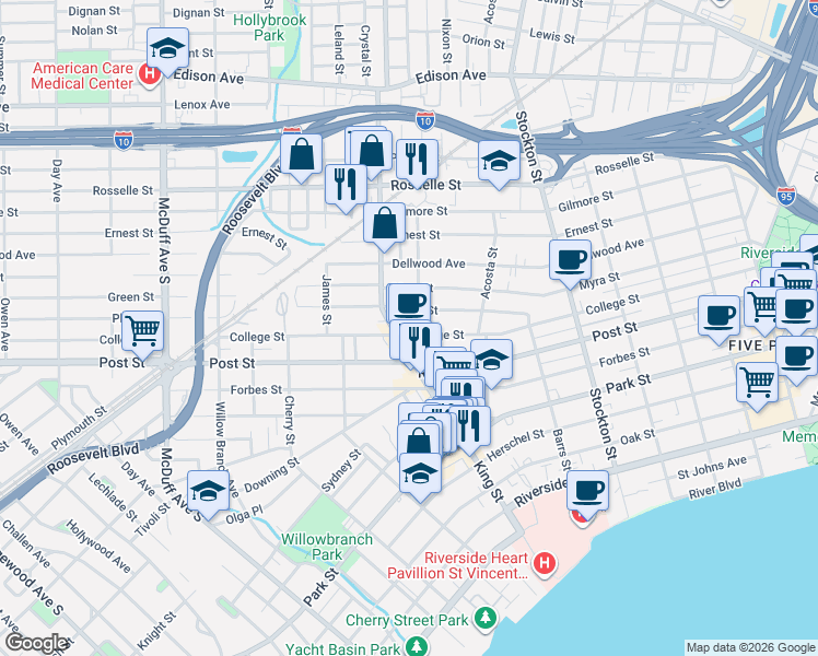 map of restaurants, bars, coffee shops, grocery stores, and more near 2696 Green Street in Jacksonville