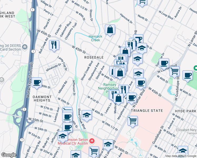 map of restaurants, bars, coffee shops, grocery stores, and more near 4305 Sinclair Avenue in Austin