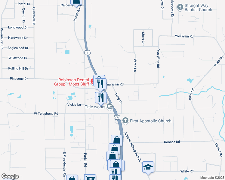 map of restaurants, bars, coffee shops, grocery stores, and more near 869 Long Drive in Lake Charles