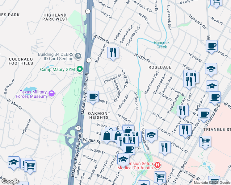 map of restaurants, bars, coffee shops, grocery stores, and more near 4009 Emory Peak Pass in Austin