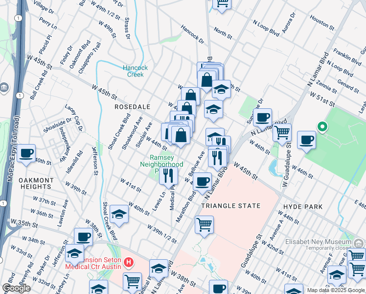 map of restaurants, bars, coffee shops, grocery stores, and more near 1309 West 45th Street in Austin