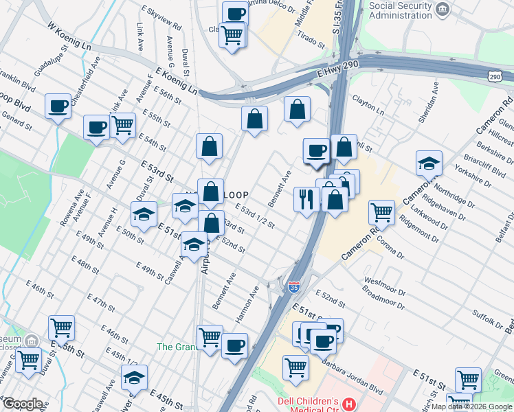 map of restaurants, bars, coffee shops, grocery stores, and more near 5404 Bennett Avenue in Austin