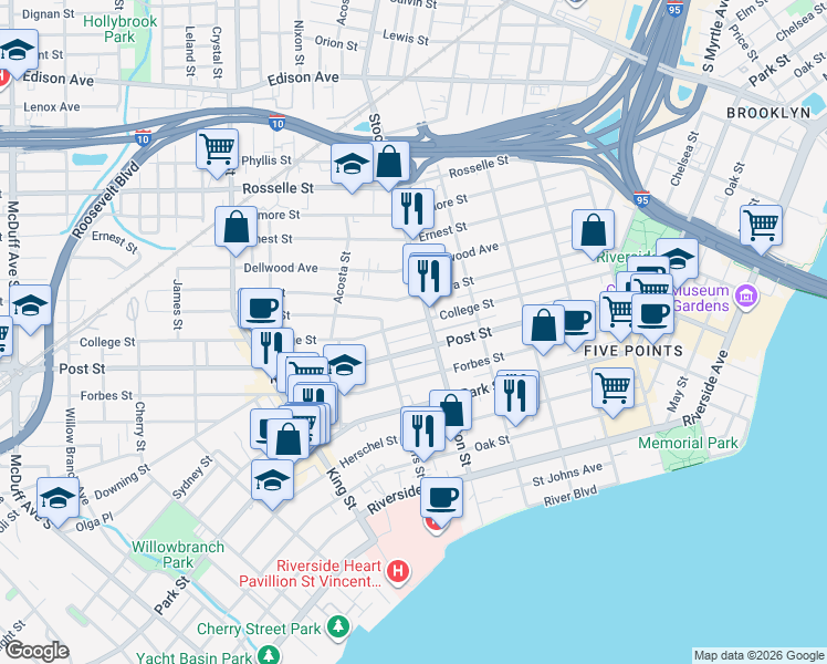 map of restaurants, bars, coffee shops, grocery stores, and more near 2518 College Street in Jacksonville