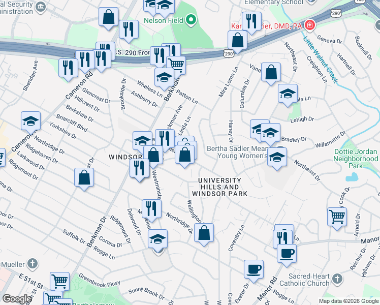 map of restaurants, bars, coffee shops, grocery stores, and more near 6211 Peggy Street in Austin