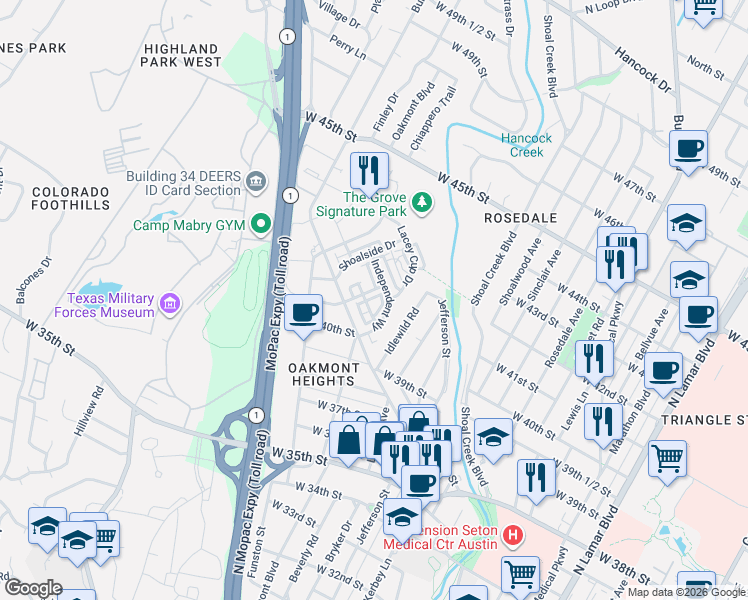 map of restaurants, bars, coffee shops, grocery stores, and more near 4020 Emory Peak Pass in Austin