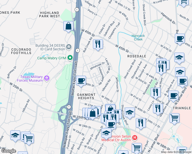 map of restaurants, bars, coffee shops, grocery stores, and more near 3906 Emory Peak Pass in Austin