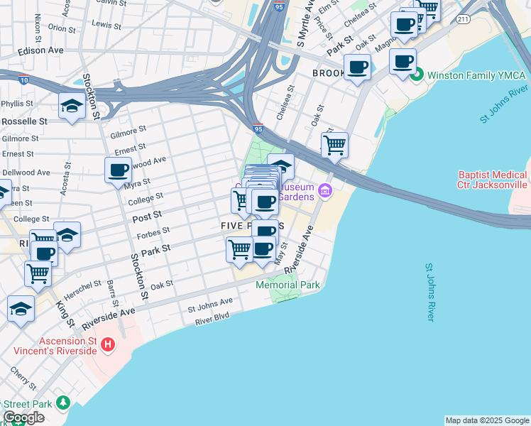 map of restaurants, bars, coffee shops, grocery stores, and more near 1018 Park Street in Jacksonville