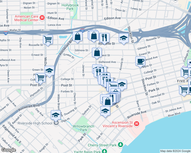 map of restaurants, bars, coffee shops, grocery stores, and more near 2744 Green Street in Jacksonville