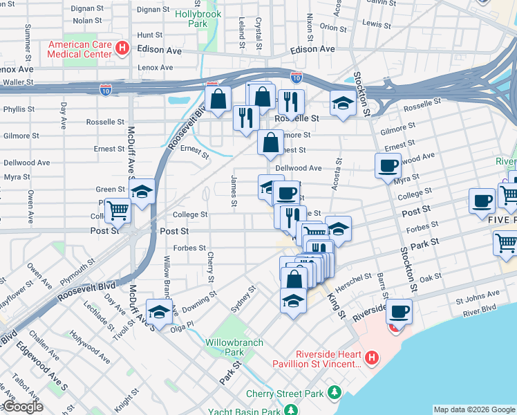 map of restaurants, bars, coffee shops, grocery stores, and more near 2744 Green Street in Jacksonville