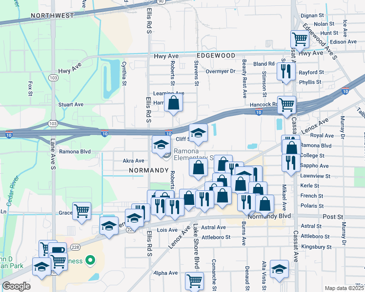 map of restaurants, bars, coffee shops, grocery stores, and more near 5468 Cliff Street in Jacksonville
