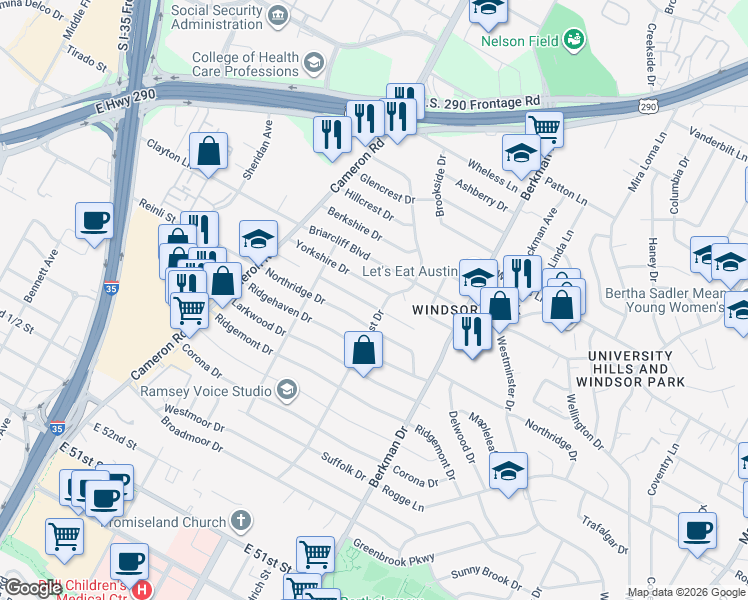 map of restaurants, bars, coffee shops, grocery stores, and more near 1421 Yorkshire Drive in Austin