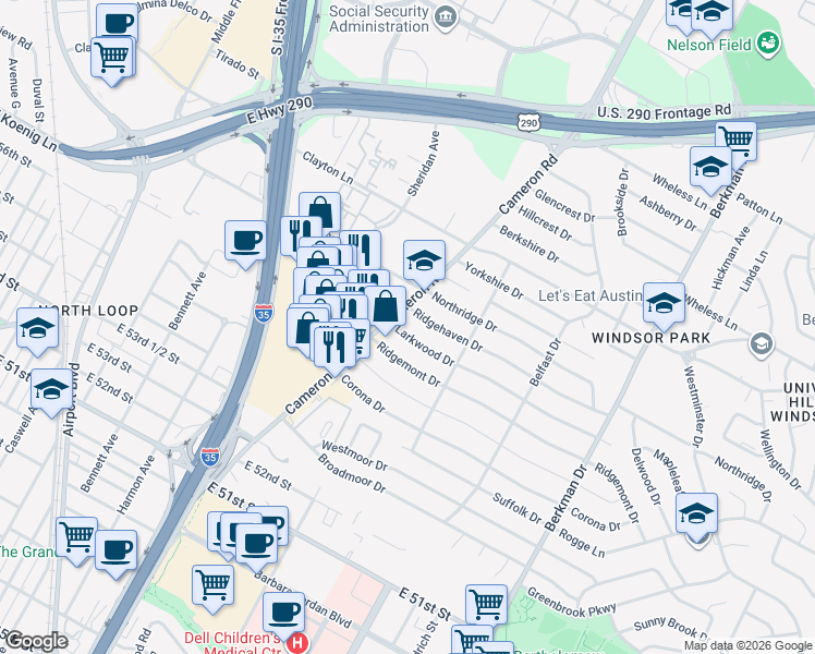 map of restaurants, bars, coffee shops, grocery stores, and more near 1200 Larkwood Drive in Austin