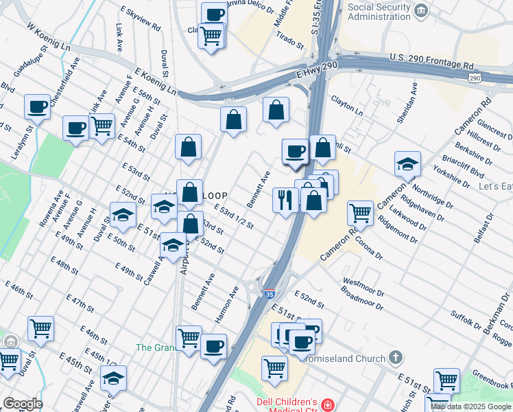 map of restaurants, bars, coffee shops, grocery stores, and more near 5404 Bennett Avenue in Austin