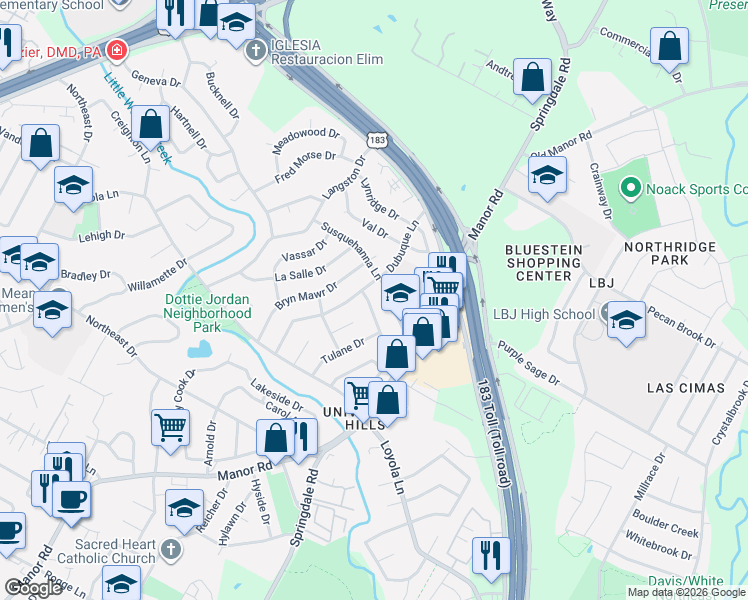 map of restaurants, bars, coffee shops, grocery stores, and more near 3204 Rockhurst Lane in Austin