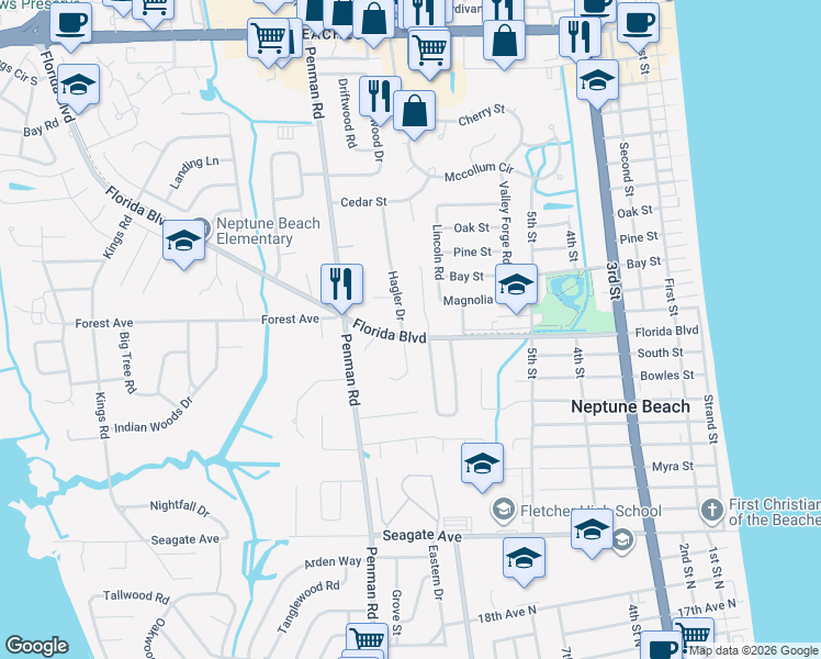 map of restaurants, bars, coffee shops, grocery stores, and more near 926 Florida Boulevard in Neptune Beach