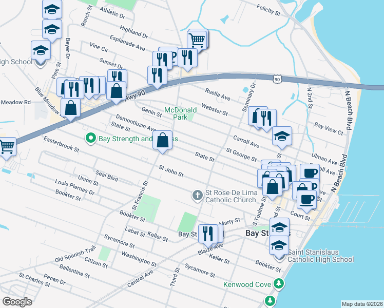 map of restaurants, bars, coffee shops, grocery stores, and more near 424 Demontluzin Avenue in Bay Saint Louis