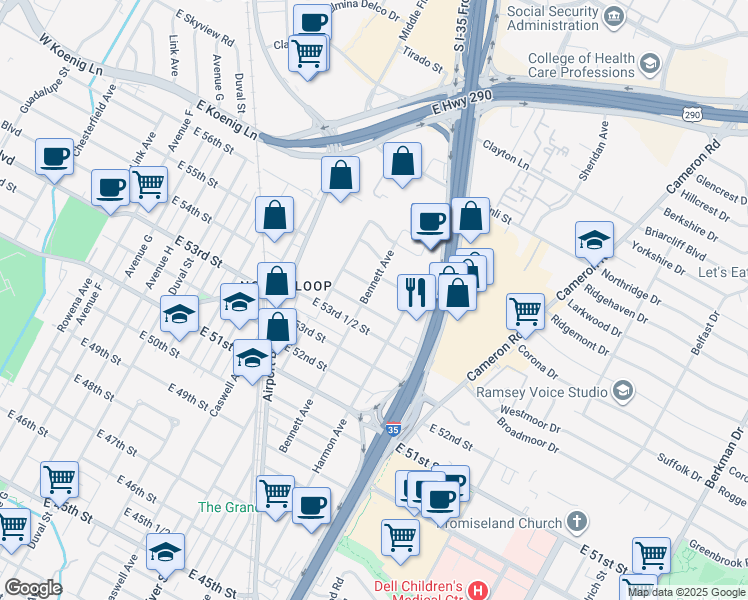 map of restaurants, bars, coffee shops, grocery stores, and more near 5404 Bennett Avenue in Austin