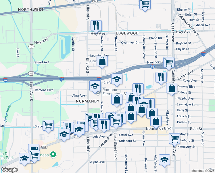 map of restaurants, bars, coffee shops, grocery stores, and more near 5468 Cliff Street in Jacksonville