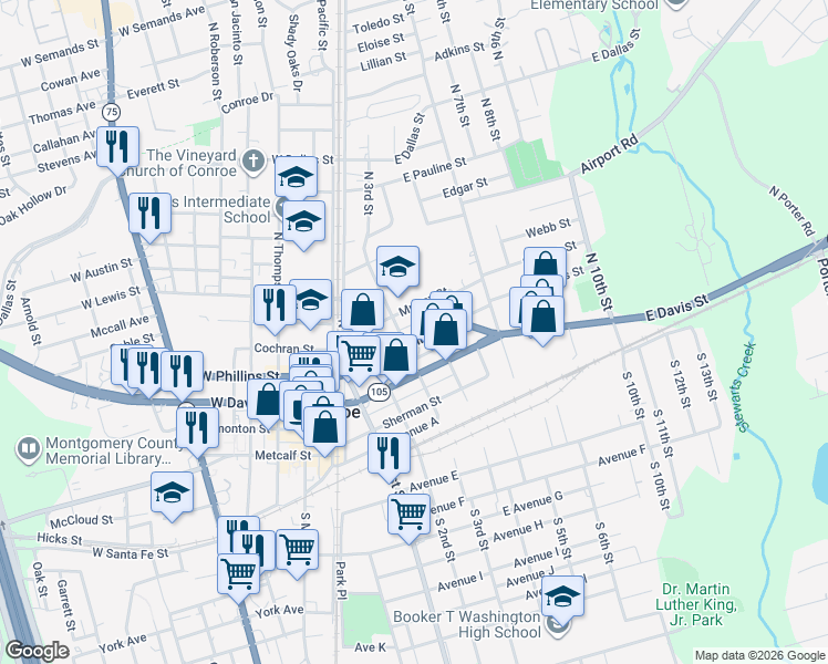 map of restaurants, bars, coffee shops, grocery stores, and more near 410 North 4th Street in Conroe