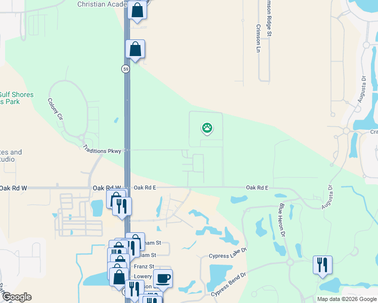 map of restaurants, bars, coffee shops, grocery stores, and more near 6194 Alabama 59 in Gulf Shores