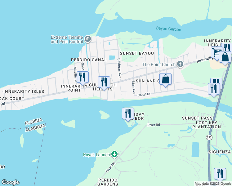 map of restaurants, bars, coffee shops, grocery stores, and more near 5844 Ucita Avenue in Pensacola