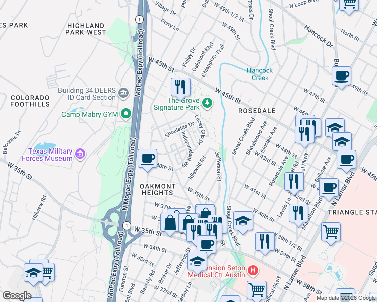 map of restaurants, bars, coffee shops, grocery stores, and more near 4105 Manifest Lane in Austin