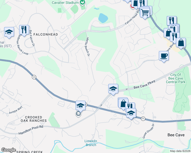 map of restaurants, bars, coffee shops, grocery stores, and more near 4104 Sugarloaf Drive in Austin