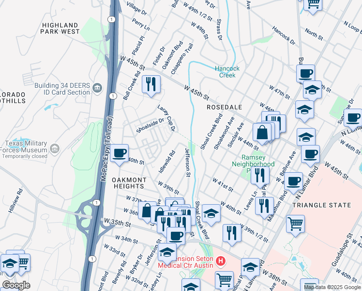 map of restaurants, bars, coffee shops, grocery stores, and more near 4112 Idlewild Road in Austin