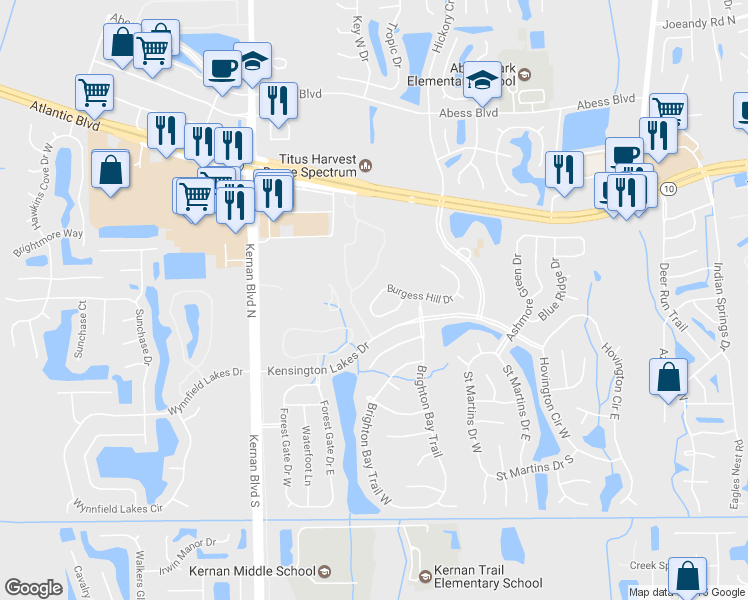 map of restaurants, bars, coffee shops, grocery stores, and more near 1936 Burgess Hill Circle West in Jacksonville