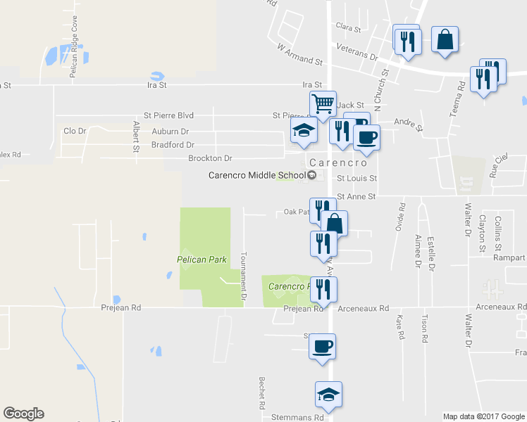 map of restaurants, bars, coffee shops, grocery stores, and more near 109 Hardball Dr in Carencro