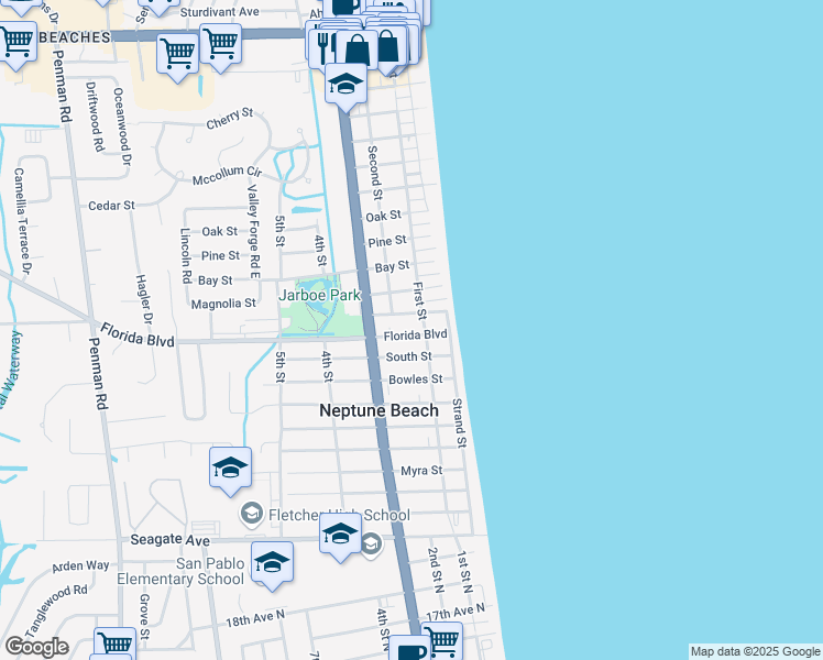 map of restaurants, bars, coffee shops, grocery stores, and more near 115 North Street in Neptune Beach