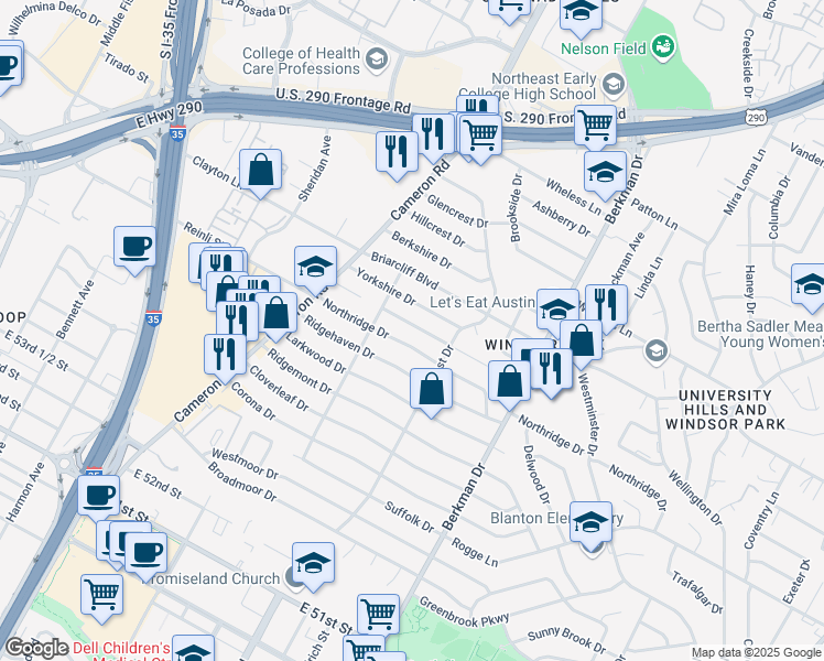 map of restaurants, bars, coffee shops, grocery stores, and more near 1406 Braes Ridge Drive in Austin