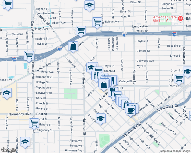 map of restaurants, bars, coffee shops, grocery stores, and more near 4071/1 College Street in Jacksonville