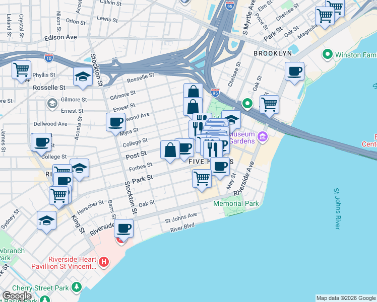 map of restaurants, bars, coffee shops, grocery stores, and more near 2061 Forbes Street in Jacksonville