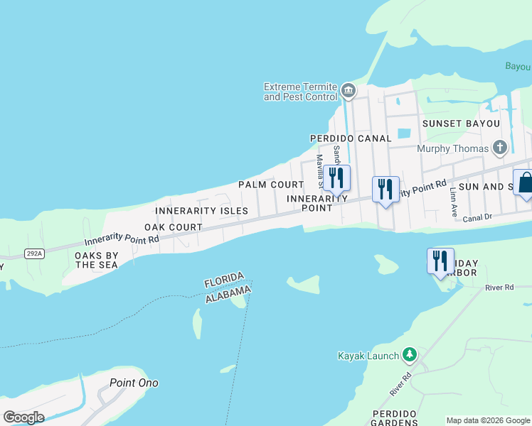 map of restaurants, bars, coffee shops, grocery stores, and more near 14470 Innerarity Point Road in Pensacola