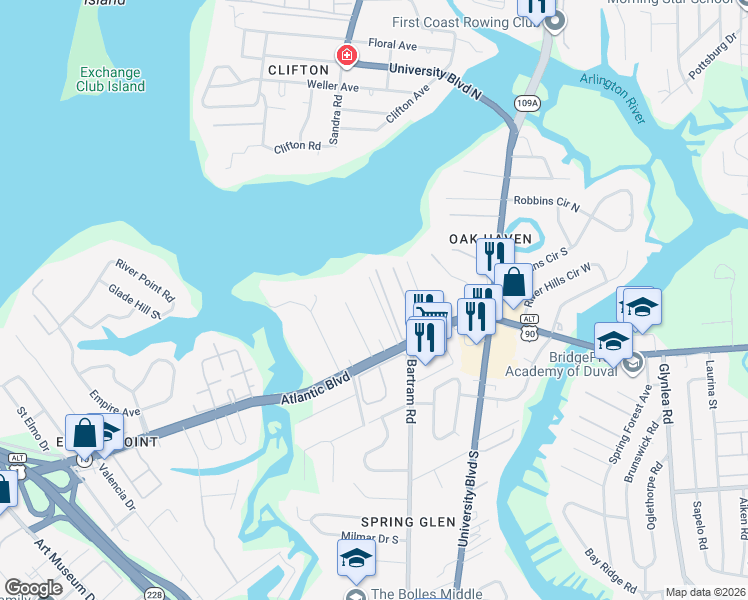 map of restaurants, bars, coffee shops, grocery stores, and more near 1218 River Bank Court in Jacksonville