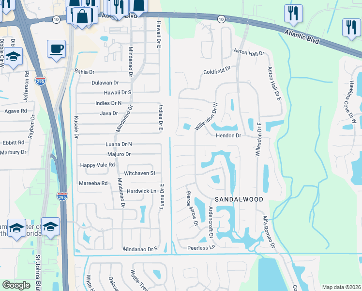 map of restaurants, bars, coffee shops, grocery stores, and more near 2000 Coldfield Drive West in Jacksonville