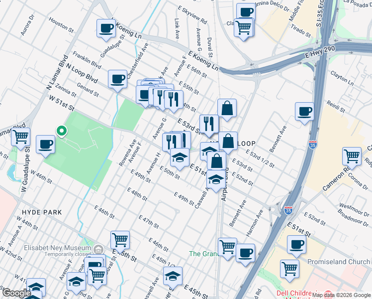 map of restaurants, bars, coffee shops, grocery stores, and more near 5115 Duval Street in Austin